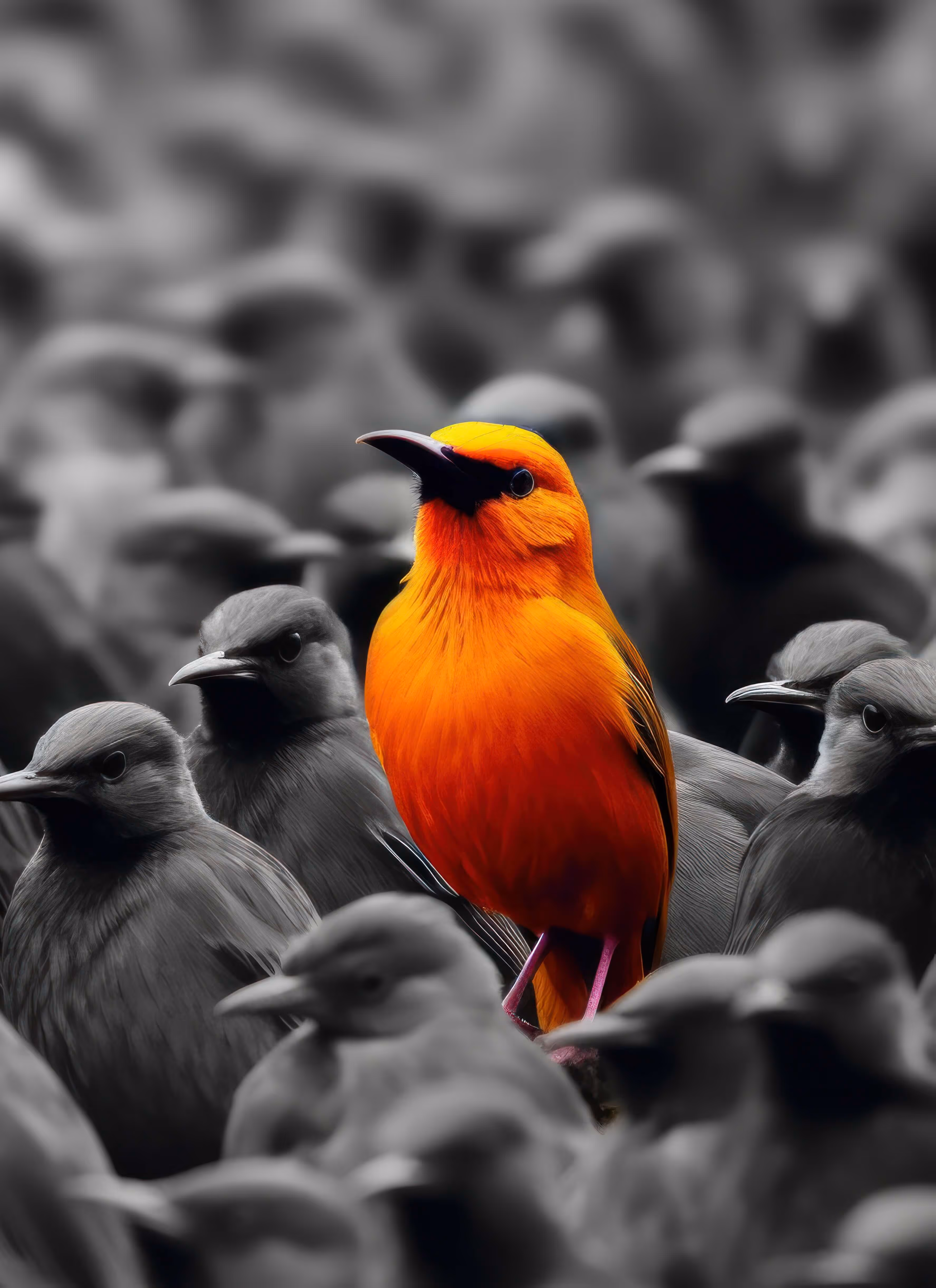 Bright orange bird standing out among a flock of black and white birds.