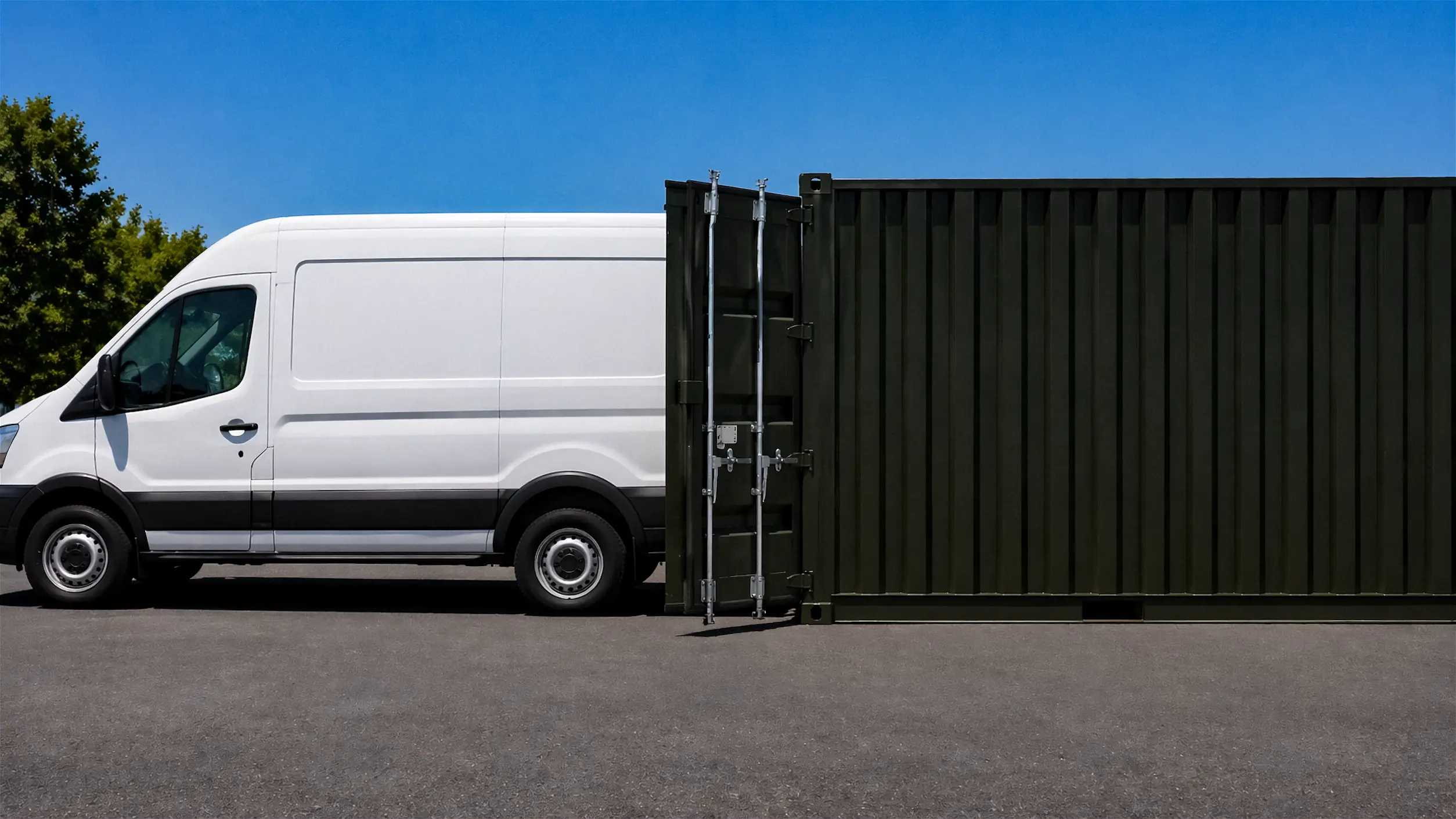Dark blue shipping container with green accents and the word GUARDA TOT printed on the side.