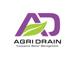 Agri Drain logo with stylized purple letters 'AD' and a green leaf, accompanied by the tagline 'Innovative Water Management'.