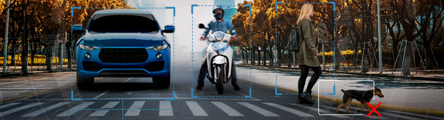 Scene of an urban street with a blue car, a motorbike rider wearing a helmet, and a woman walking a dog near a crosswalk, the dog marked with a red X.