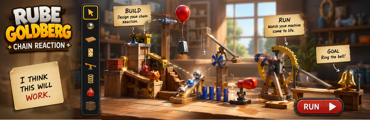 Project Chain Reaction Rube Goldberg contraption in an inventor’s garage