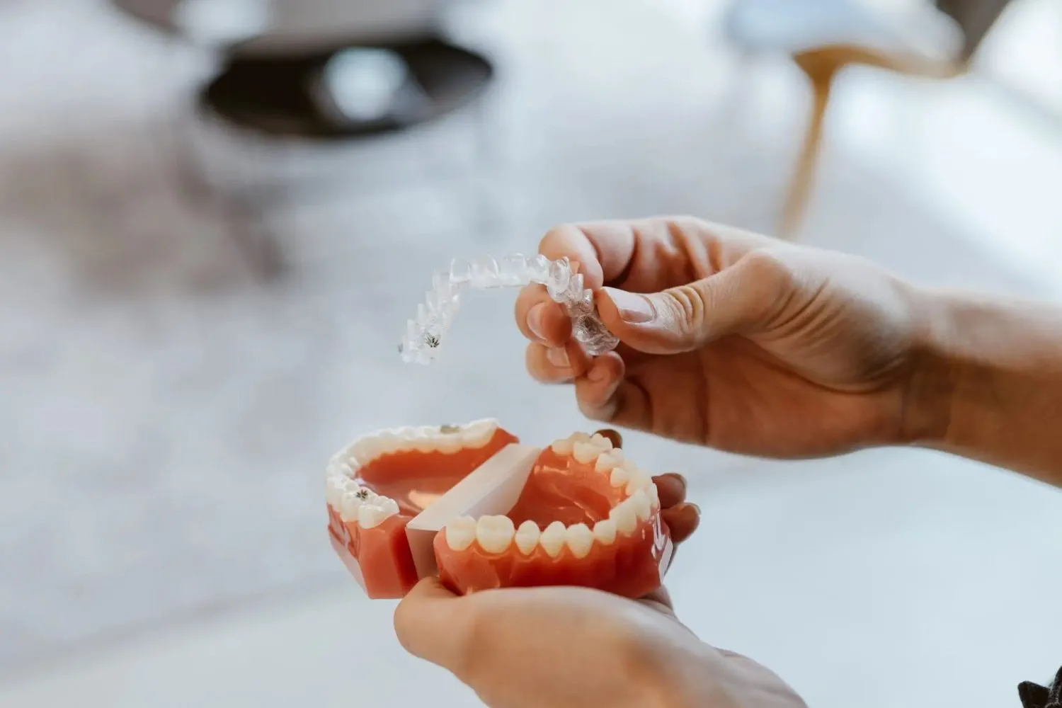 Close-up of clear Invisalign braces aligner