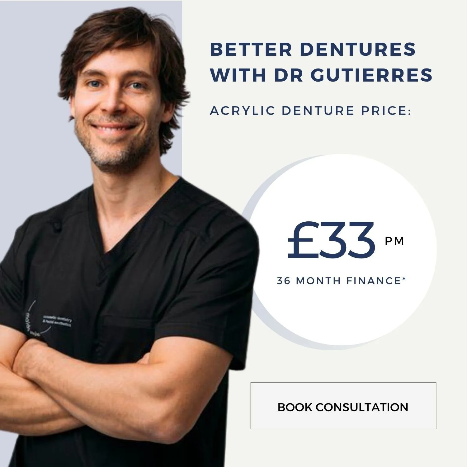Promotional graphic for acrylic dentures with Dr Gutierres priced at £33 per month on 36-month finance