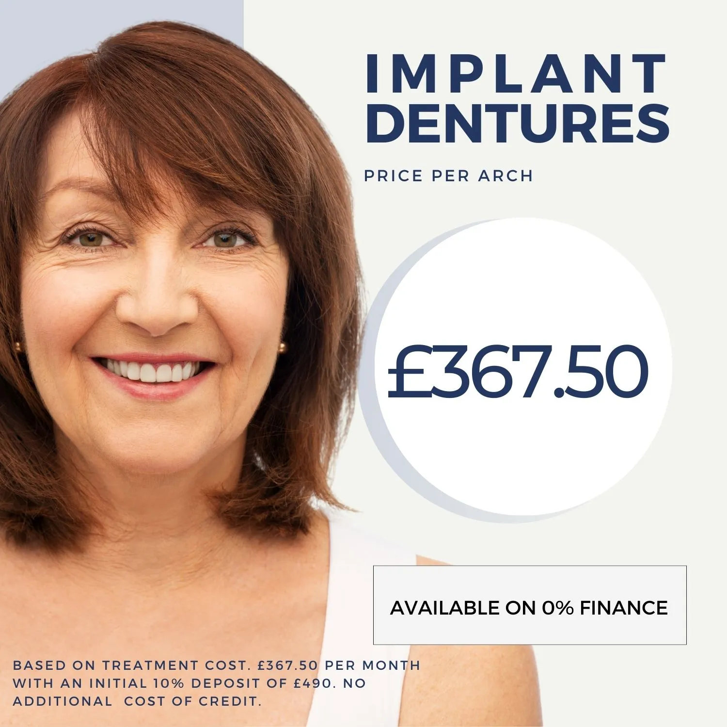 Promotional graphic for implant dentures priced at £367.50 per arch per month with 0% finance available
