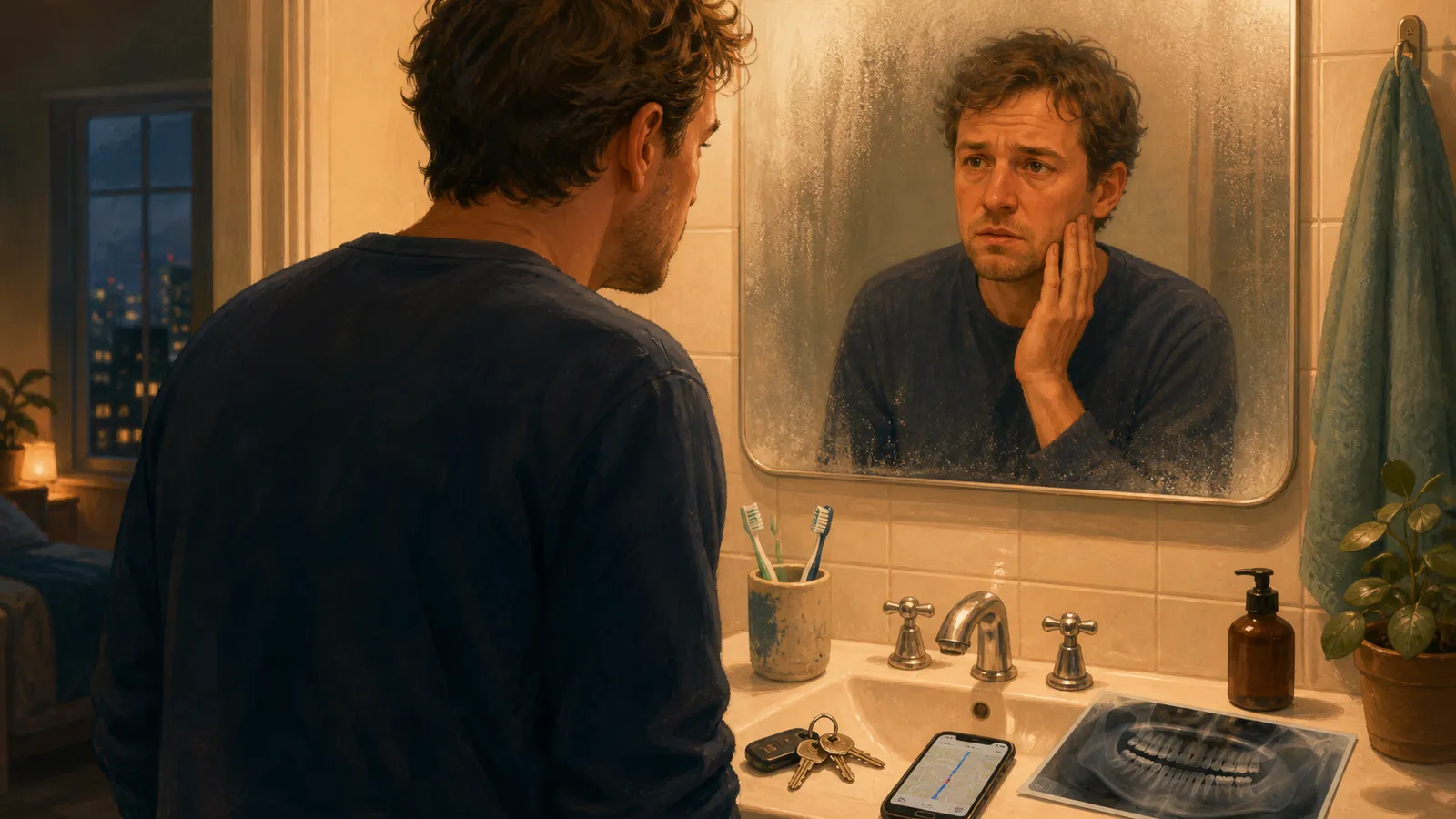 Man looking in a bathroom mirror and holding his cheek because of tooth pain