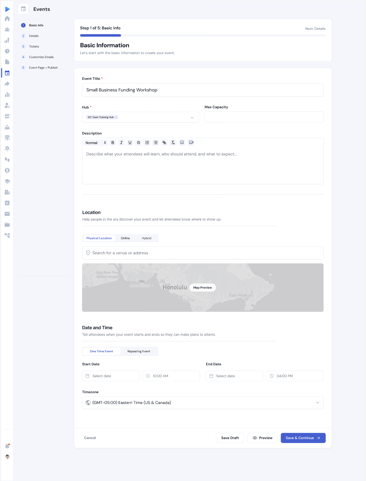 Event calendar with card, list, and calendar views