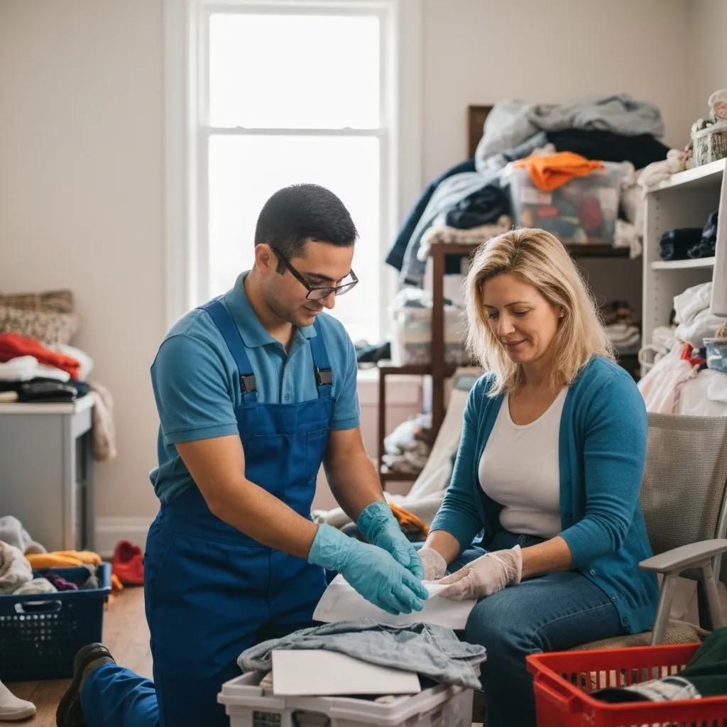 Professional cleaner assisting a client during a compassionate hoarding cleanup