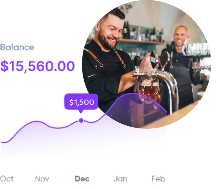 Circular photo overlaps a purple financial chart with monthly data points and bold balance text.