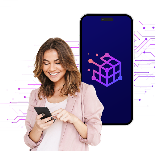 Young woman using a smartphone with a large phone display and tech-themed digital cube design.