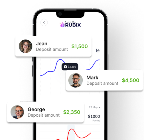Mobile app interface showing deposit notifications with user photos and green amount highlights.