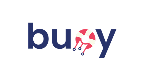 Modern logo with bold navy text and a lifebuoy icon creatively replacing the letter "o" in "buoy".