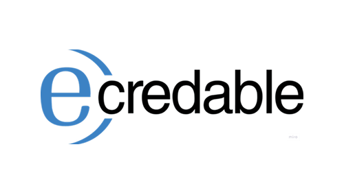 eCredable logo with a large blue lowercase "e" surrounded by two curved lines and black text.