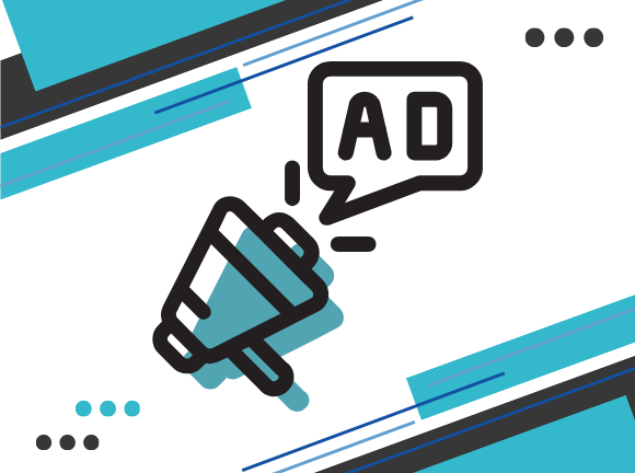 A graphic containing a megaphone announcing the work "AD"
