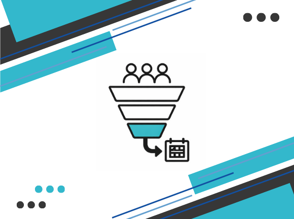 Flat vector illustration of a marketing funnel showing people entering at the top and flowing down toward a booking calendar, with simple teal and black accent shapes on a white background.
