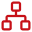Red network diagram icon with nodes connected by lines and a gear symbol.