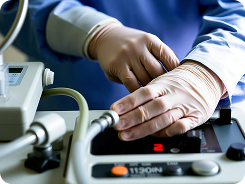 Hands in protective gloves adjusting controls on a piece of medical equipment.