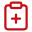 Red clipboard icon with a white plus sign in the center.