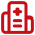 Red hospital building icon with a white cross on it.