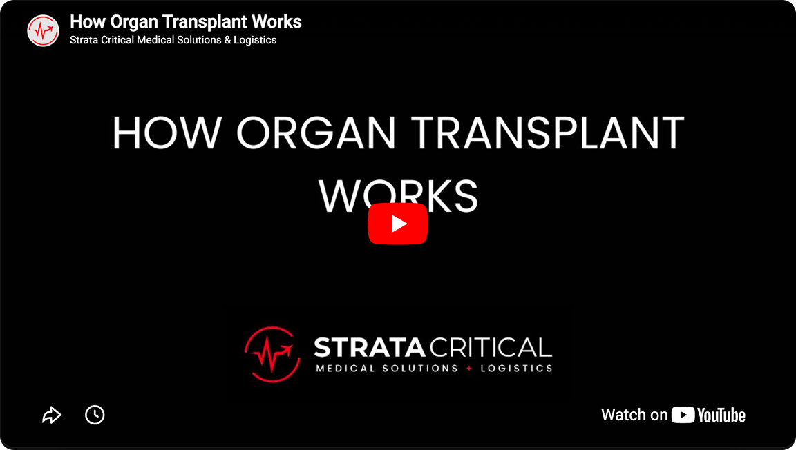 Video player screen titled 'How Organ Transplant Works' by Strata Critical Medical Solutions & Logistics.