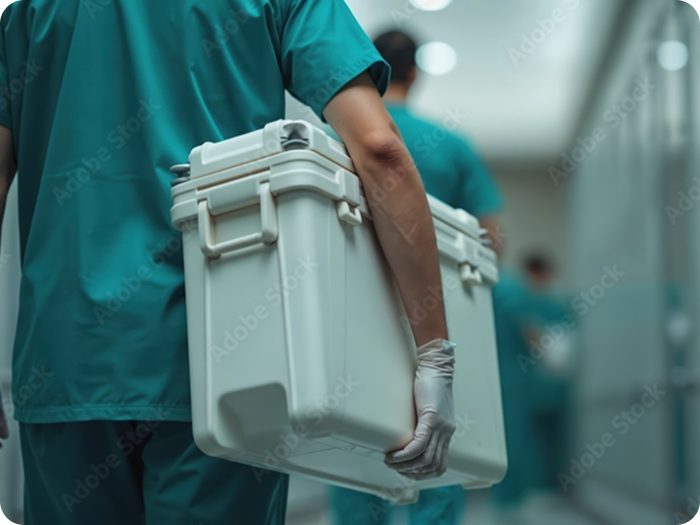 Healthcare worker in scrubs carrying a large white medical storage case down a hospital corridor.