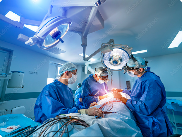 Three surgeons in blue scrubs performing surgery under bright operating room lights.