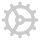 Gray gear icon with a white half-circle and a smiling face inside on a black background.