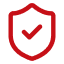 Red shield outline with a check mark inside symbolizing security or protection.