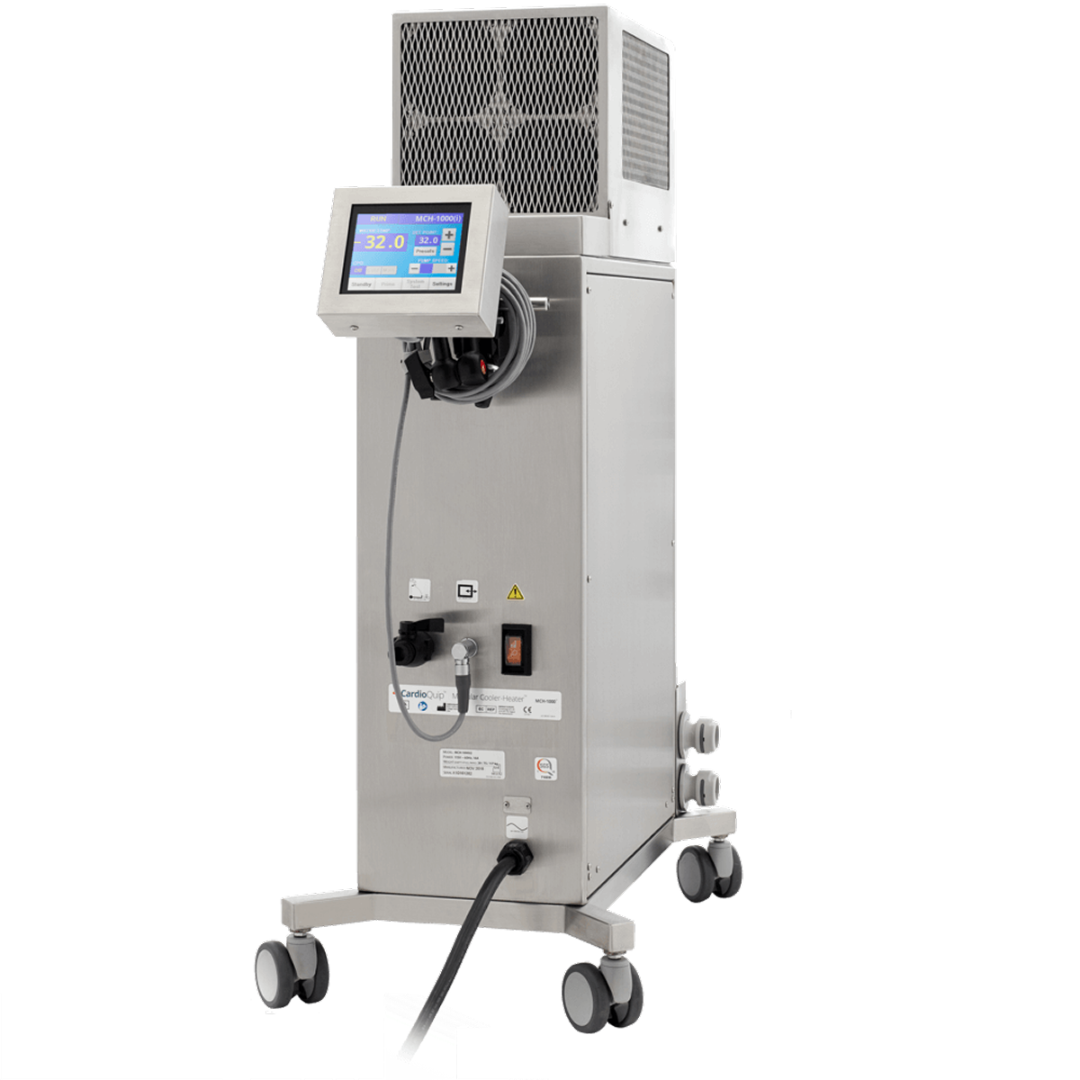 Medical cooler-heater device on wheels with control screen and coiled cable.