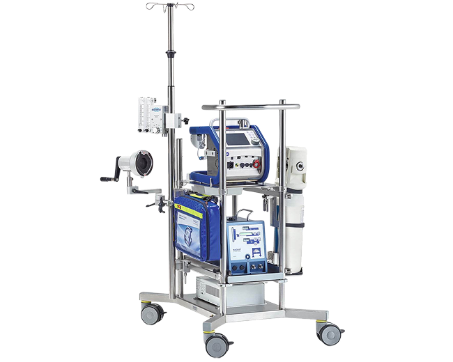 Mobile medical ventilator machine with tubes, monitors, and wheels for patient respiratory support.