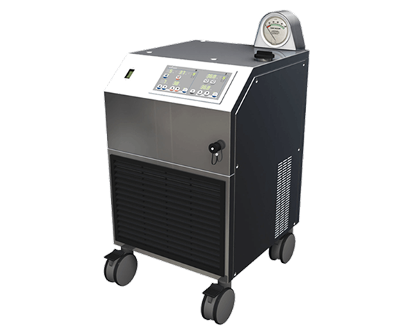 Black and silver mobile industrial machine with wheels, control panel, and pressure gauge.