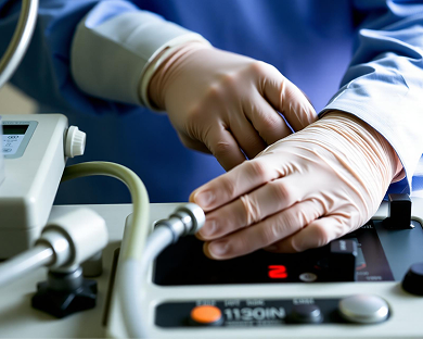 Hands in protective gloves adjusting controls on a piece of medical equipment.