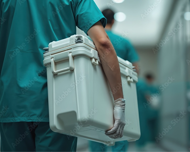 Healthcare worker in scrubs carrying a white medical cooler in a hospital hallway.