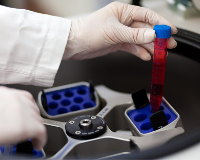 Gloved hand placing a blood-filled test tube into a centrifuge rotor.