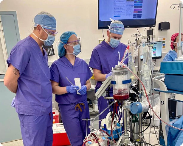 Medical staff in purple scrubs and masks monitoring equipment with tubing in a clinical setting.