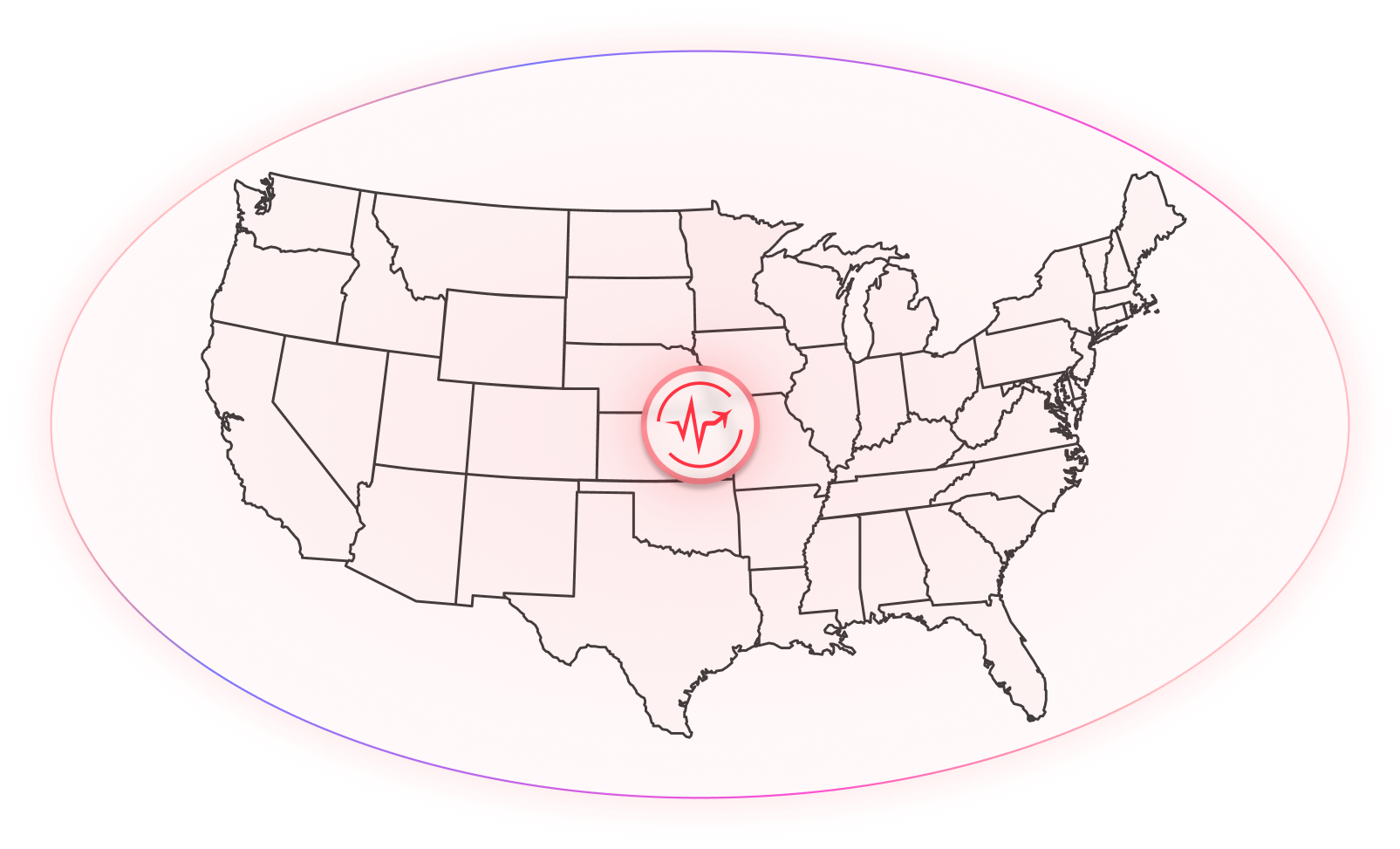 Map of the US showing multiple red health location icons spread across various states.