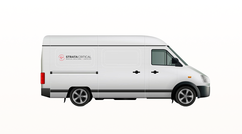 White delivery van with Strata Critical Media Solutions logo on its side.