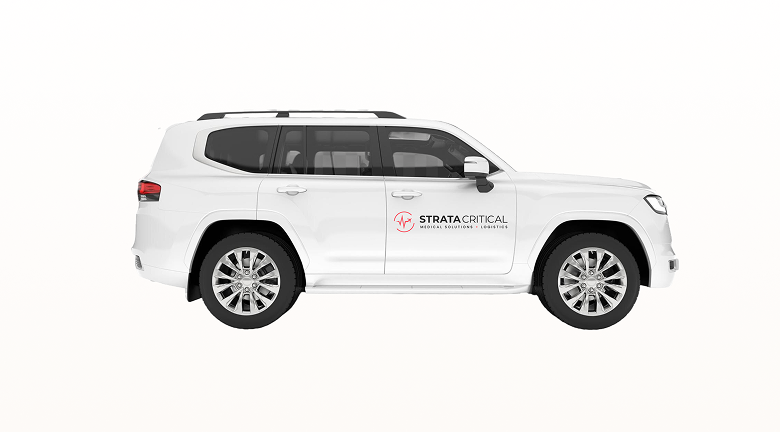 White SUV side view with STRATA CRITICAL logo for medical solutions and logistics services.