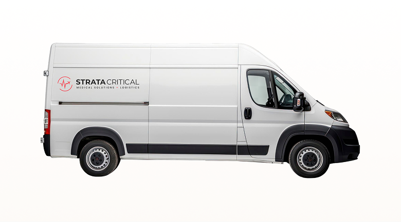 White delivery van with STRATA Critical Medical Solutions Logistics logo on the side.