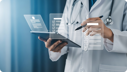 Two medical professionals looking at a laptop, one pointing at the screen discussing something.
