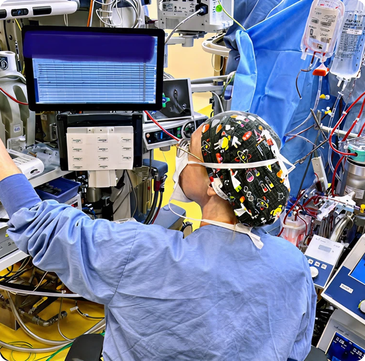 Hand testing a circuit board with probe connected to an oscilloscope showing a waveform.