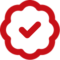 Red hospital building icon with a white cross symbol in the center.