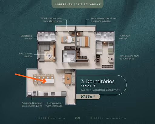 Planta baixa do apartamento com 3 dormitórios, suíte master com closet, varanda gourmet, sala de cinema, ventilação natural e janelas com iluminação completa.