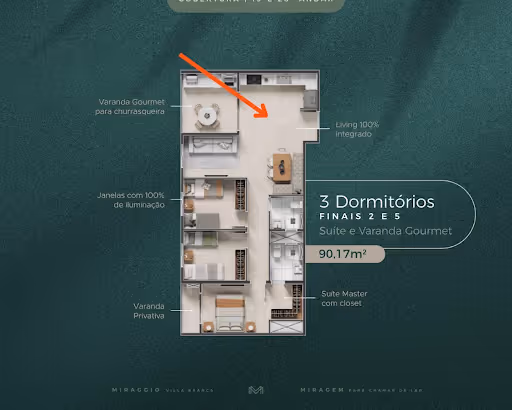 Planta baixa de apartamento com 3 dormitórios, suíte, varanda gourmet para churrasqueira, varanda privativa, janelas com iluminação total, living integrado, e suíte master com closet, totalizando 90,17 metros quadrados.