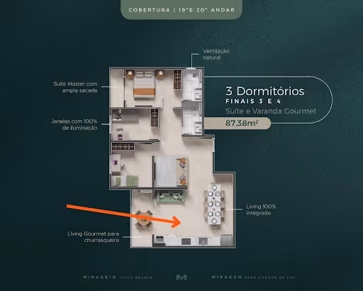Planta baixa de apartamento com 3 dormitórios, suíte master com sacada ampla, janelas com 100% de iluminação, ventilação natural, living gourmet para churrasqueira e área integrada de living.