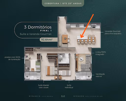 Planta baixa de apartamento com 3 dormitórios, incluindo suíte master com closet, suíte individual, varanda gourmet para churrasco, living integrado e janelas com 100% de iluminação natural.