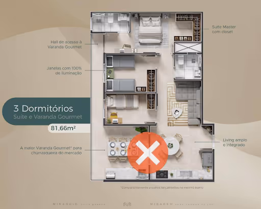 Planta baixa de apartamento com 3 dormitórios, suíte e varanda gourmet em 81,66m², destacando suíte master com closet, living amplo integrado, janelas com 100% de iluminação e maior varanda gourmet para churrasqueira do mercado.
