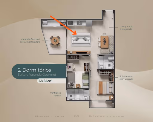 Planta baixa de apartamento com 2 dormitórios, incluindo suíte com varanda, varanda gourmet para churrasqueira, living amplo integrado e ventilação natural, totalizando 68,86 metros quadrados.