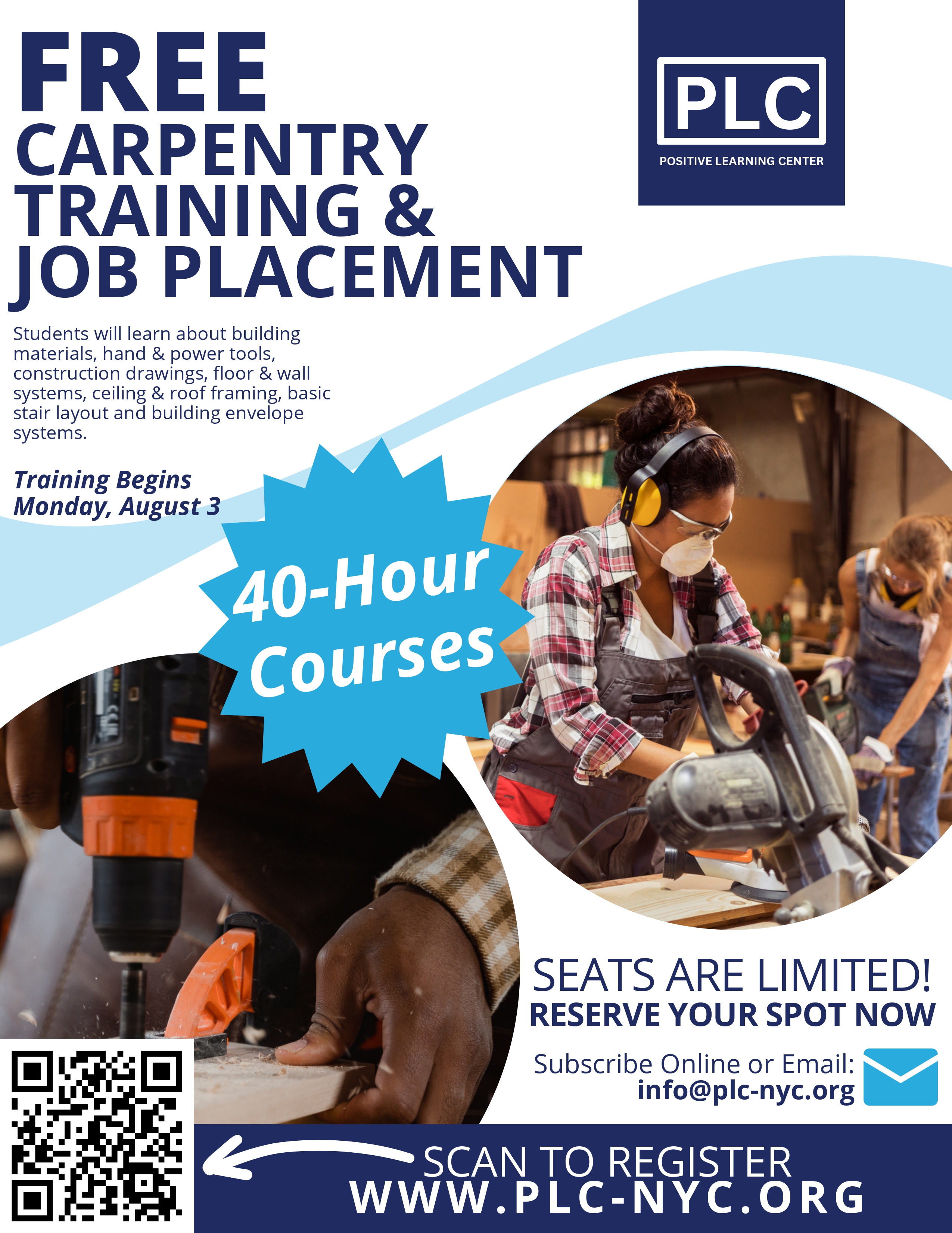 Flyer for free carpentry training and job placement program at PLC
