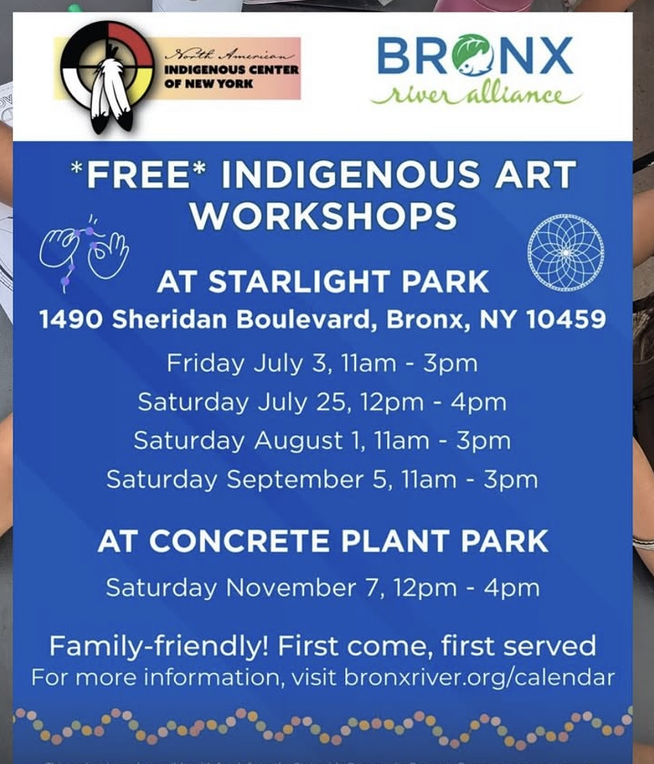 Flyer for free Indigenous art workshops at Bronx parks this summer