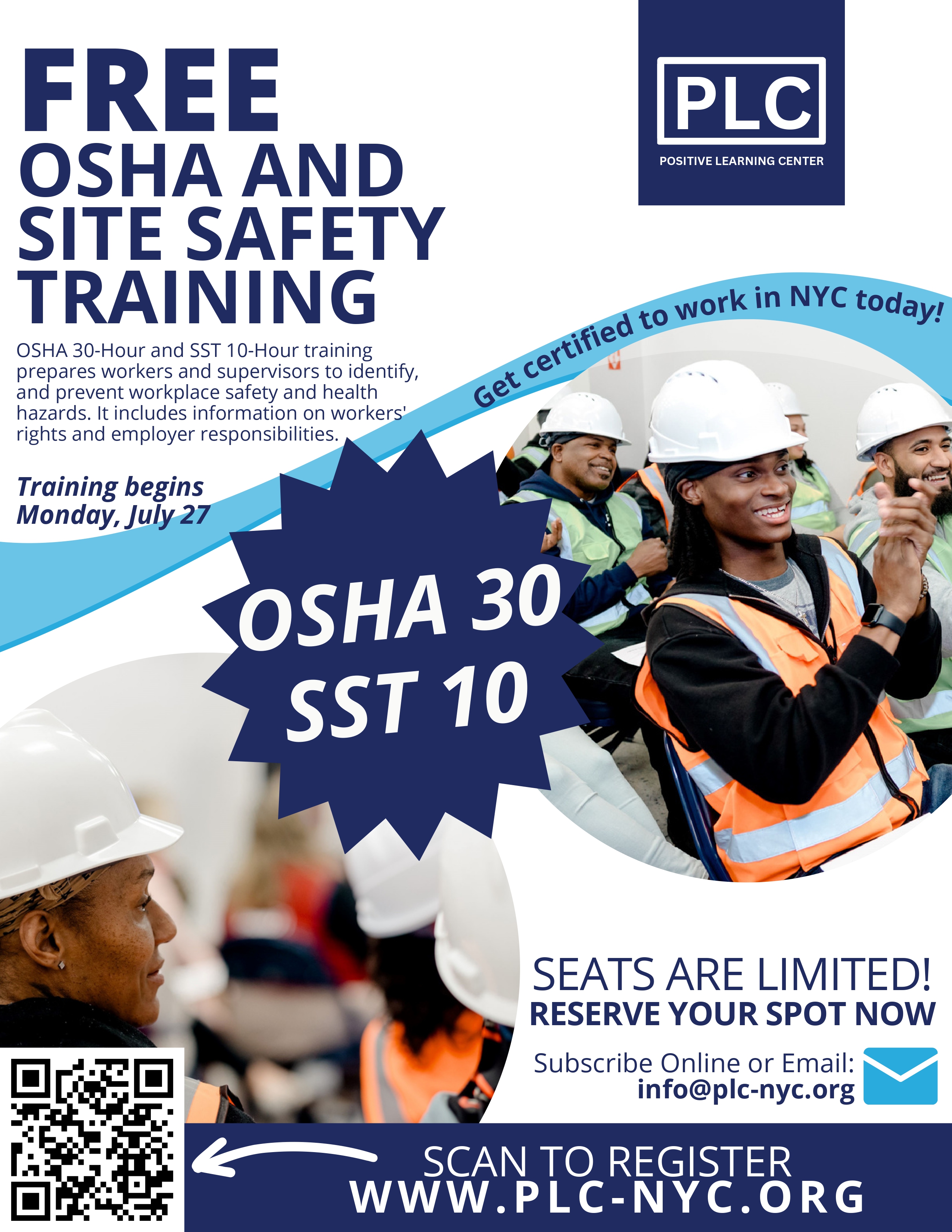 Flyer for free OSHA 30 and SST 10 site safety training at PLC